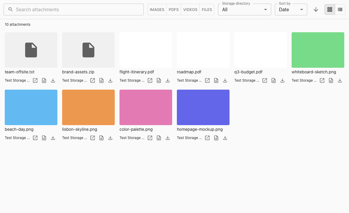 Attachments Browser showing a grid of image, PDF and file attachments