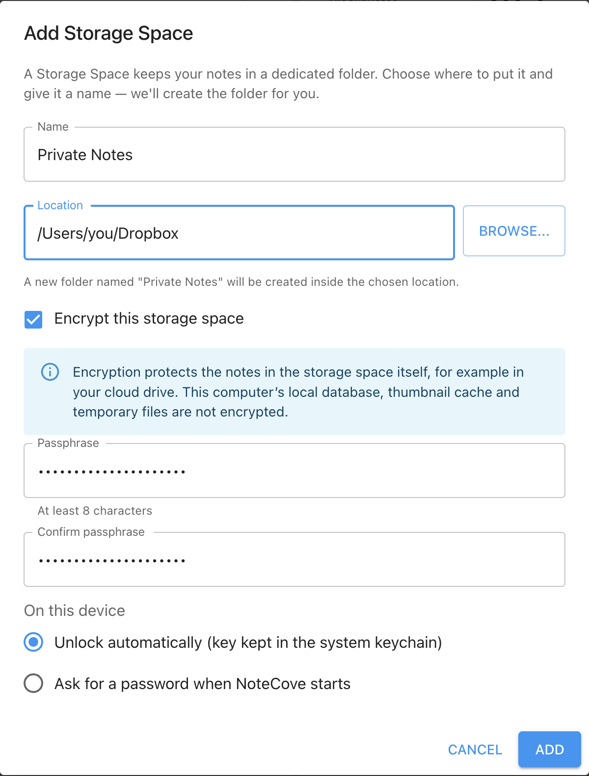 Add Storage Space dialog with encryption turned on