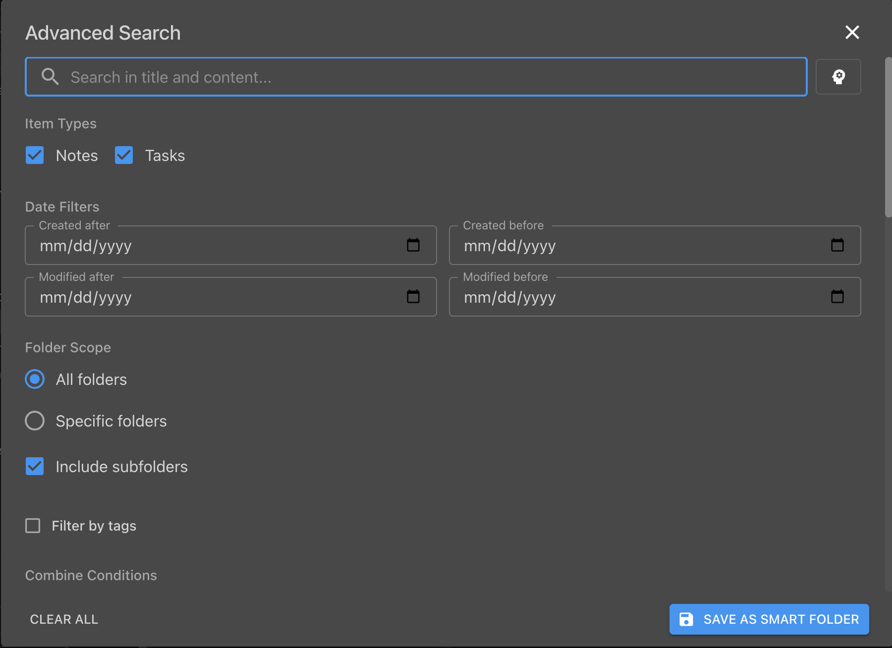 Advanced Search dialog showing filter options