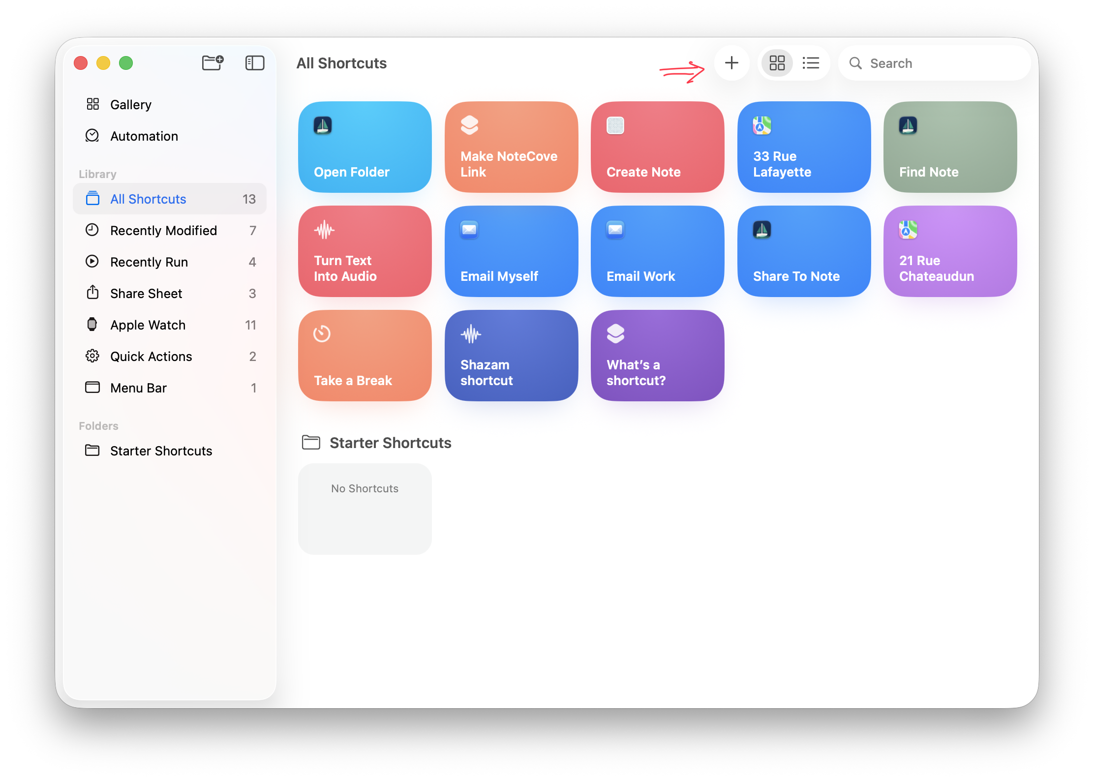 Click + to create a new shortcut