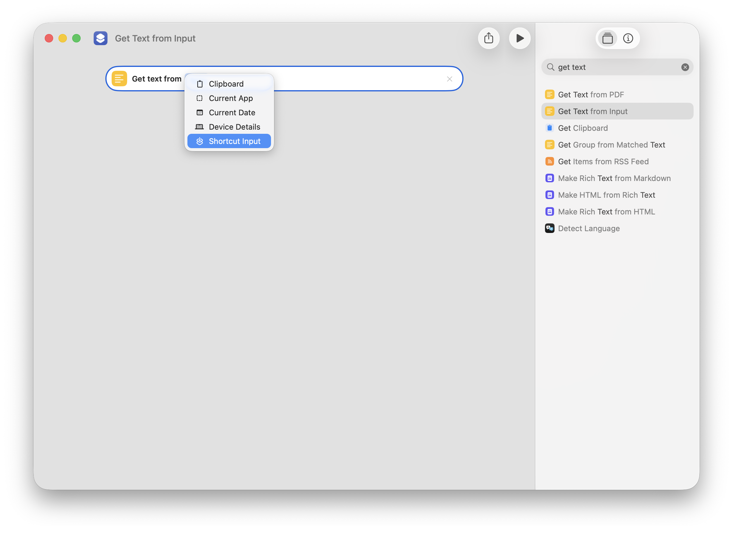 Get Text from Shortcut Input action