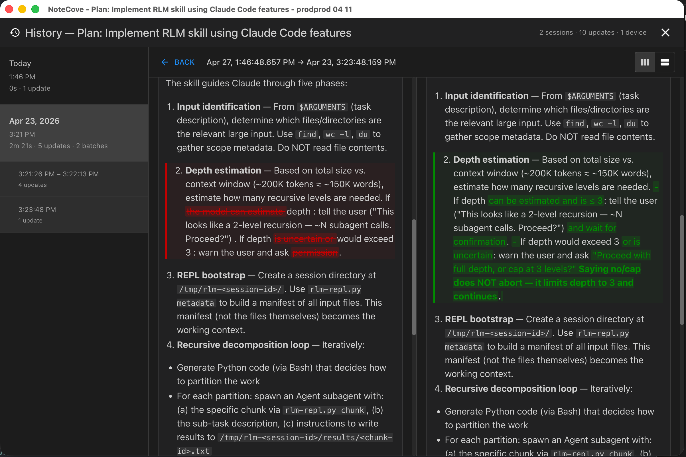 Note history diff (2-column)