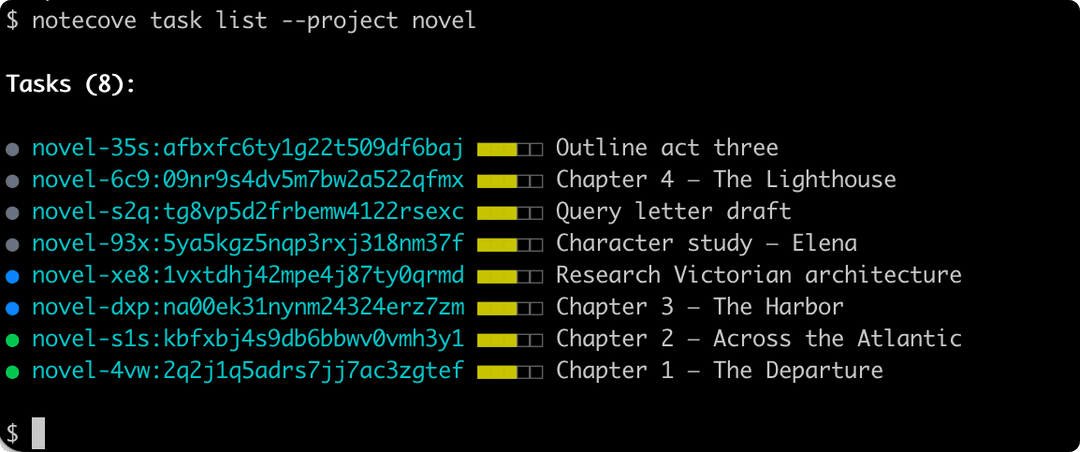 NoteCove CLI showing task list with project filtering