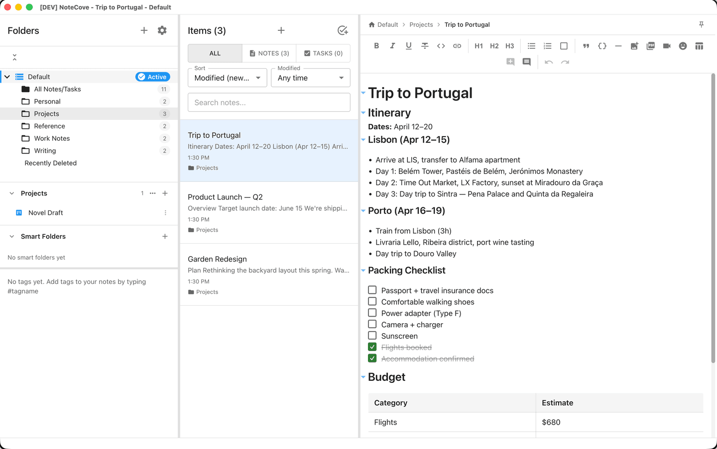 NoteCove desktop app showing the three-panel workspace with folders, note list, and rich text editor