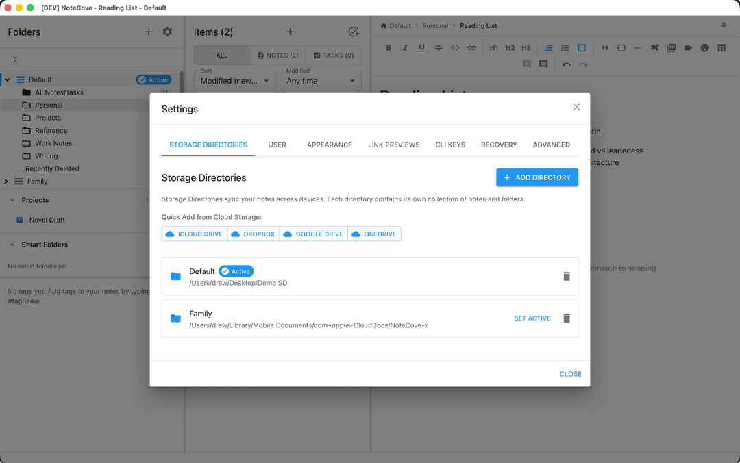 NoteCove settings showing multiple storage directories including cloud storage