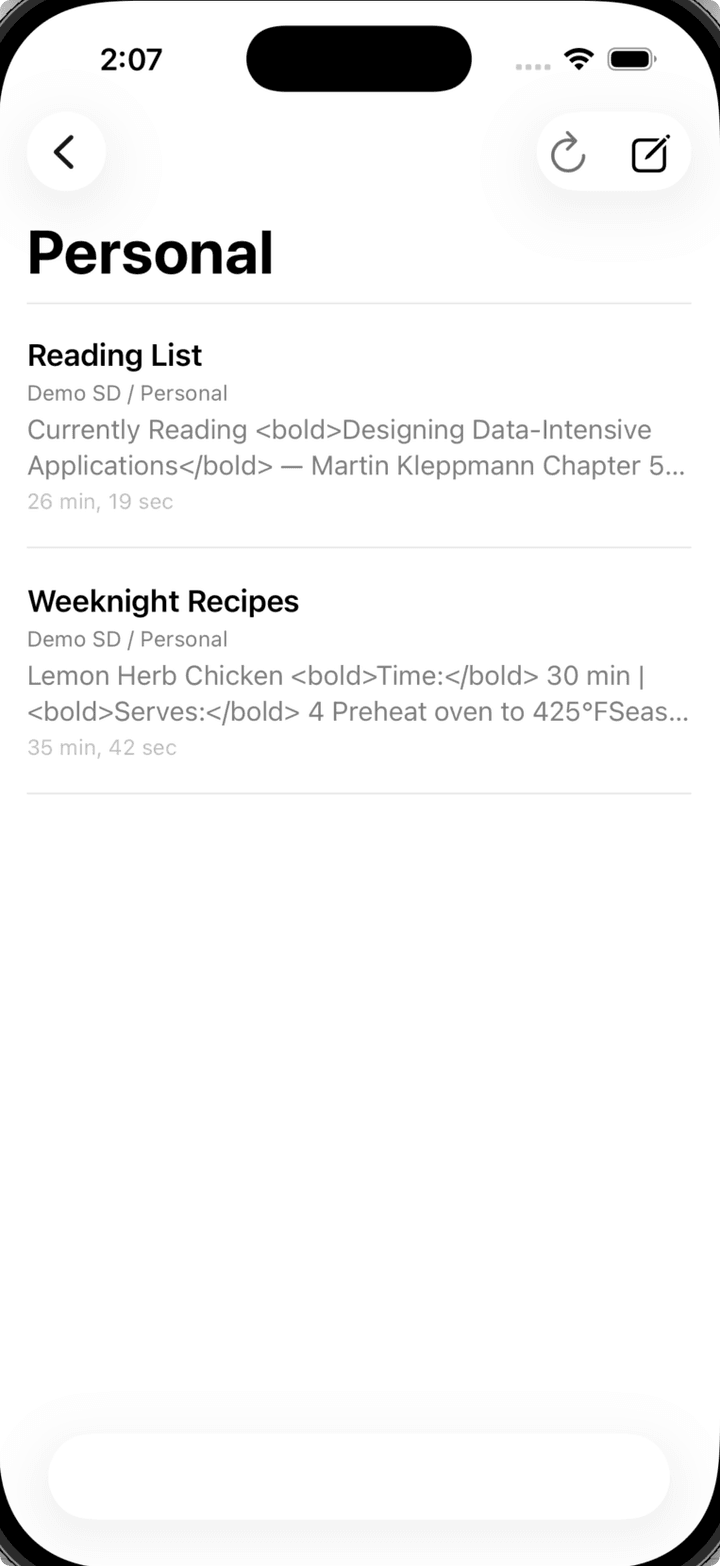 NoteCove on iPhone showing note list with tags and search